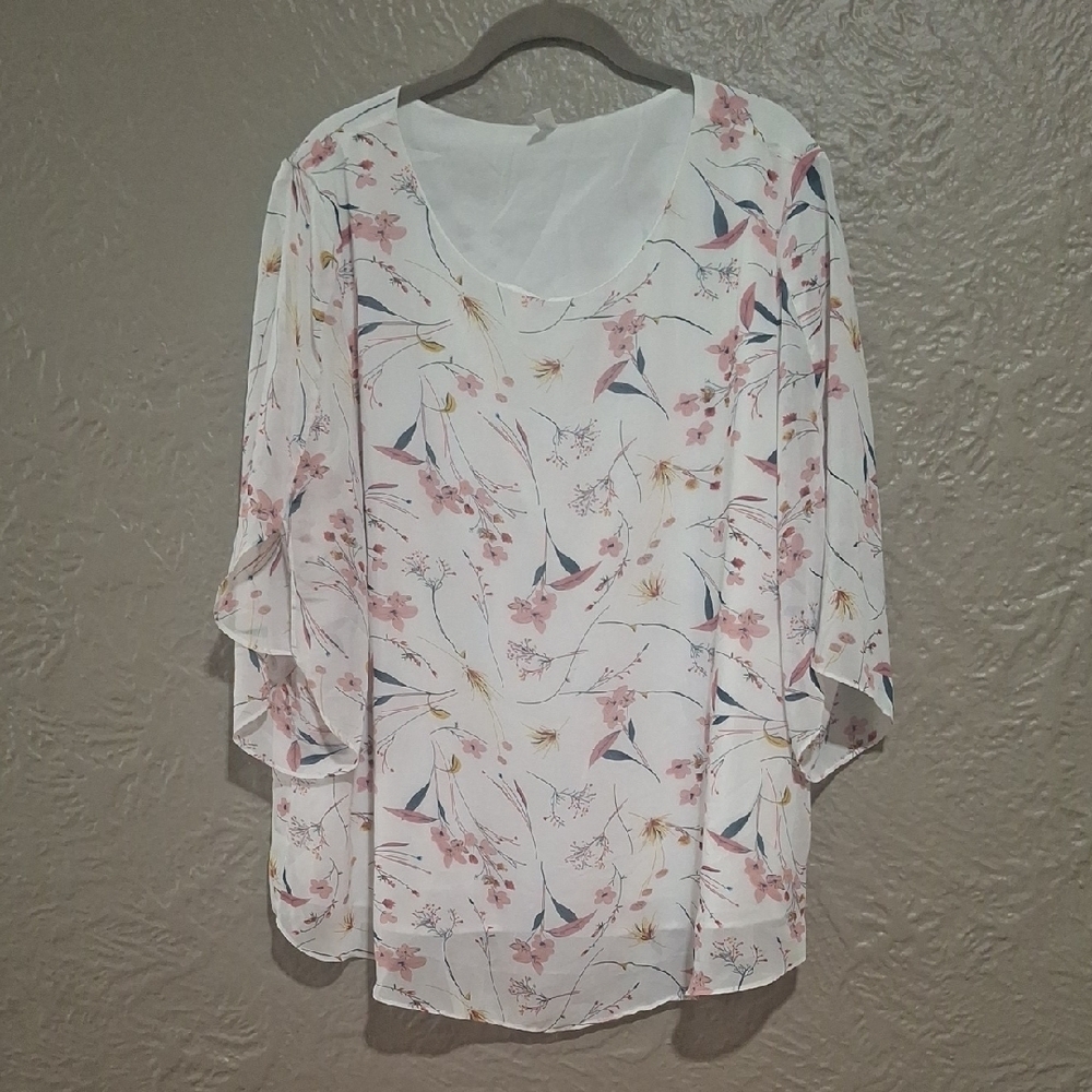 Neineiwu.Chic Floral Women's Blouse - Pink and White Size 2XL